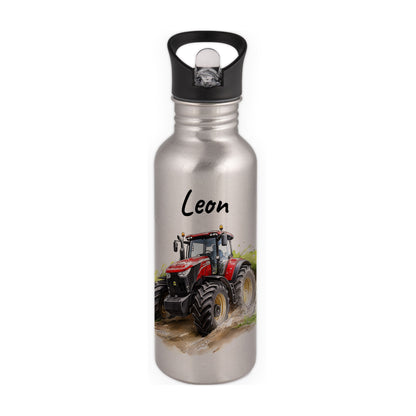 Trinkflasche mit Strohhalm in Silber 600ml bedruckt mit tollen Motiven für Kinder "Traktor" personalisierbar für Kinder mit Wunschname aus Edelstahl