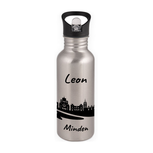 Trinkflasche in Silber 600ml aus Edelstahl bedruckt mit der Skyline von Minden personalisierbar mit Wunschname