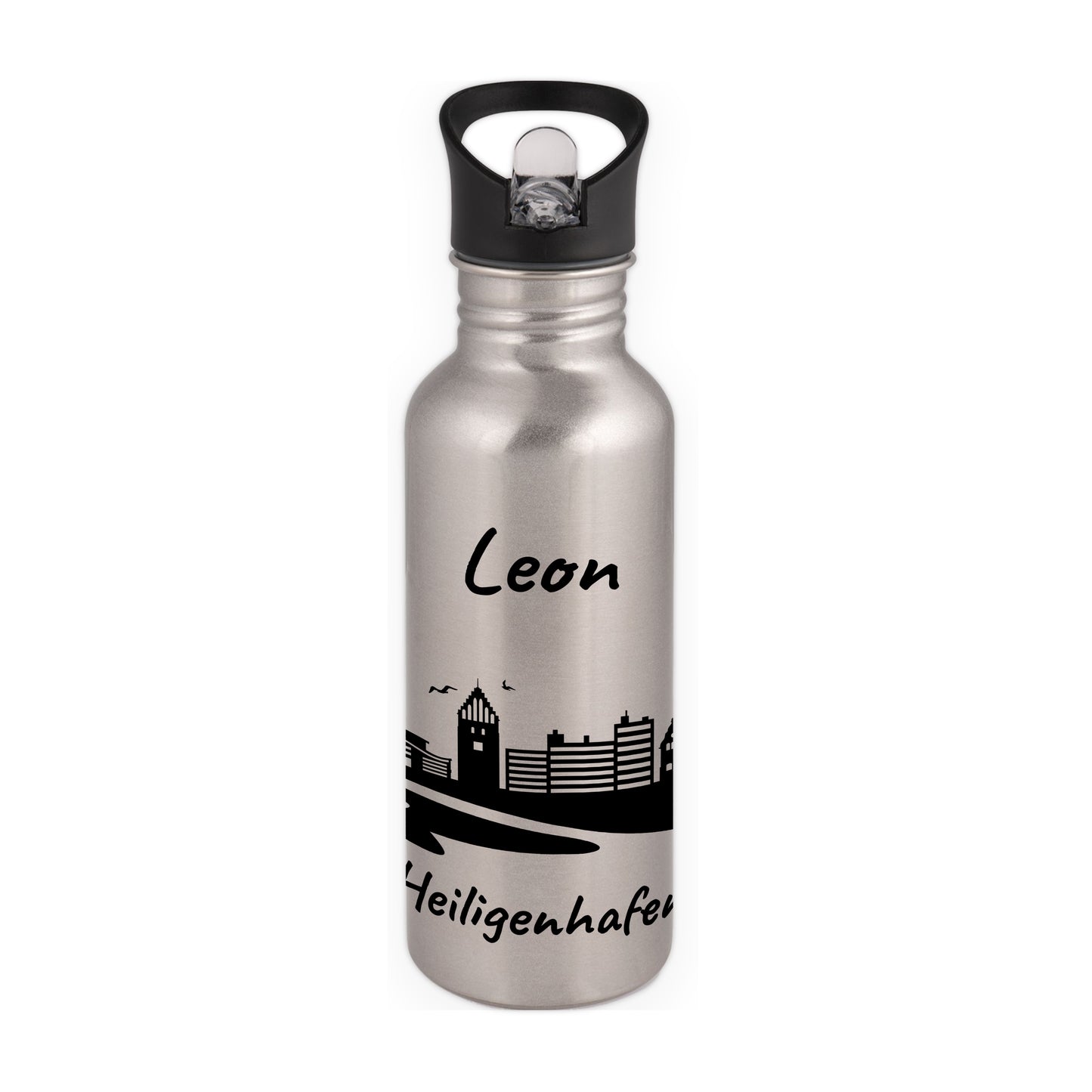 Trinkflasche in Silber 600ml aus Edelstahl bedruckt mit der Skyline von Heiligenhafen personalisierbar mit Wunschname