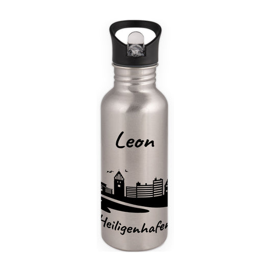 Trinkflasche in Silber 600ml aus Edelstahl bedruckt mit der Skyline von Heiligenhafen personalisierbar mit Wunschname