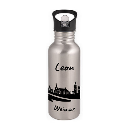 Trinkflasche in Silber 600ml aus Edelstahl bedruckt mit der Skyline von Weimar personalisierbar mit Wunschname
