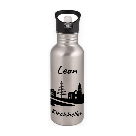 Trinkflasche in Silber 600ml aus Edelstahl bedruckt mit der Skyline von Kirchhellen personalisierbar mit Wunschname