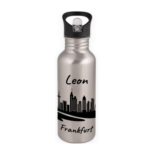 Trinkflasche in Silber 600ml aus Edelstahl bedruckt mit der Skyline von Frankfurt personalisierbar mit Wunschname