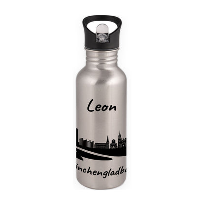 Trinkflasche in Silber 600ml aus Edelstahl bedruckt mit der Skyline von Mönchengladbach personalisierbar mit Wunschname