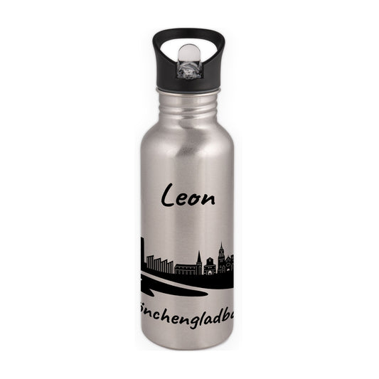 Trinkflasche in Silber 600ml aus Edelstahl bedruckt mit der Skyline von Mönchengladbach personalisierbar mit Wunschname
