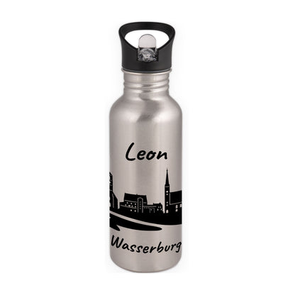 Trinkflasche in Silber 600ml aus Edelstahl bedruckt mit der Skyline von Wasserburg personalisierbar mit Wunschname