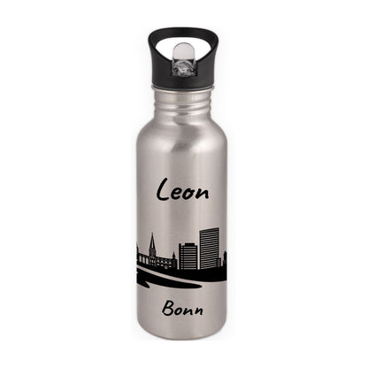 Trinkflasche in Silber 600ml aus Edelstahl bedruckt mit der Skyline von Bonn personalisierbar mit Wunschname