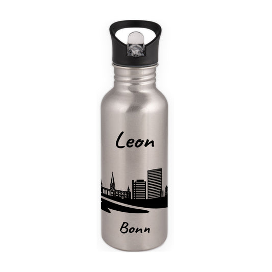 Trinkflasche in Silber 600ml aus Edelstahl bedruckt mit der Skyline von Bonn personalisierbar mit Wunschname