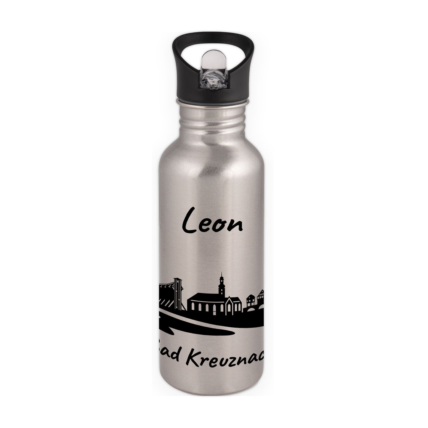 Trinkflasche in Silber 600ml aus Edelstahl bedruckt mit der Skyline von Bad Kreuznach personalisierbar mit Wunschname