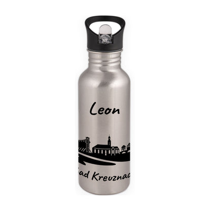 Trinkflasche in Silber 600ml aus Edelstahl bedruckt mit der Skyline von Bad Kreuznach personalisierbar mit Wunschname