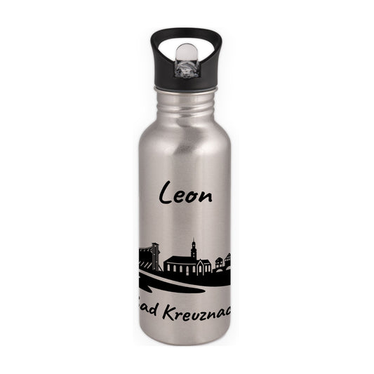Trinkflasche in Silber 600ml aus Edelstahl bedruckt mit der Skyline von Bad Kreuznach personalisierbar mit Wunschname