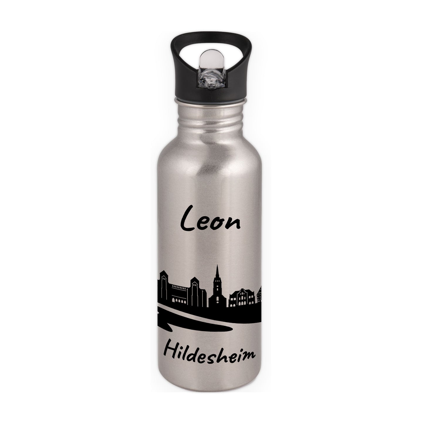 Trinkflasche in Silber 600ml aus Edelstahl bedruckt mit der Skyline von Hildesheim personalisierbar mit Wunschname