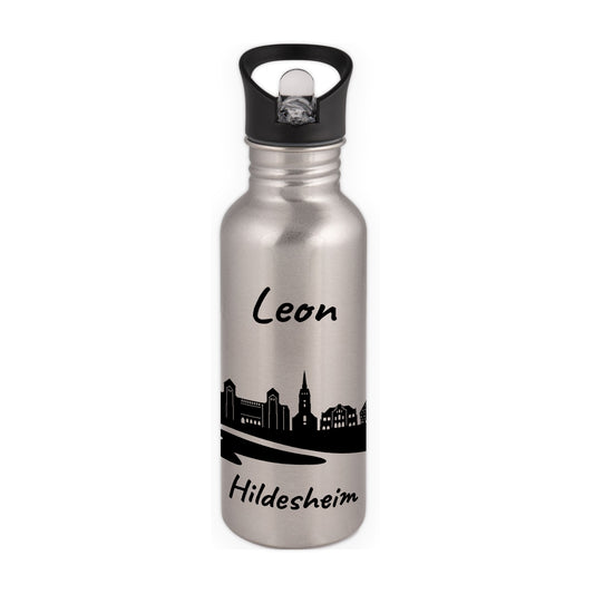 Trinkflasche in Silber 600ml aus Edelstahl bedruckt mit der Skyline von Hildesheim personalisierbar mit Wunschname
