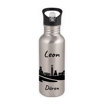 Trinkflasche in Silber 600ml aus Edelstahl bedruckt mit der Skyline von Düren personalisierbar mit Wunschname