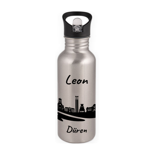 Trinkflasche in Silber 600ml aus Edelstahl bedruckt mit der Skyline von Düren personalisierbar mit Wunschname