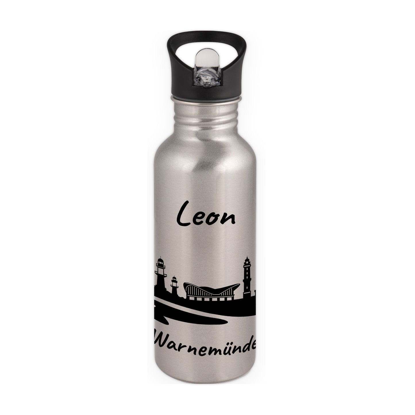 Trinkflasche in Silber 600ml aus Edelstahl bedruckt mit der Skyline von Warnemünde personalisierbar mit Wunschname