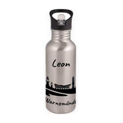 Trinkflasche in Silber 600ml aus Edelstahl bedruckt mit der Skyline von Warnemünde personalisierbar mit Wunschname