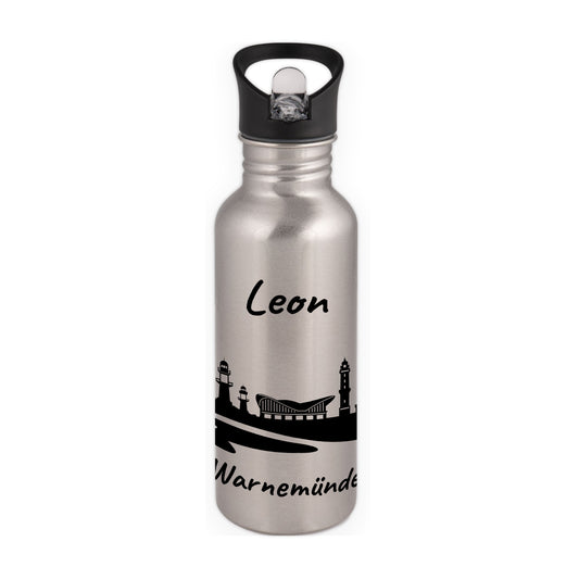 Trinkflasche in Silber 600ml aus Edelstahl bedruckt mit der Skyline von Warnemünde personalisierbar mit Wunschname