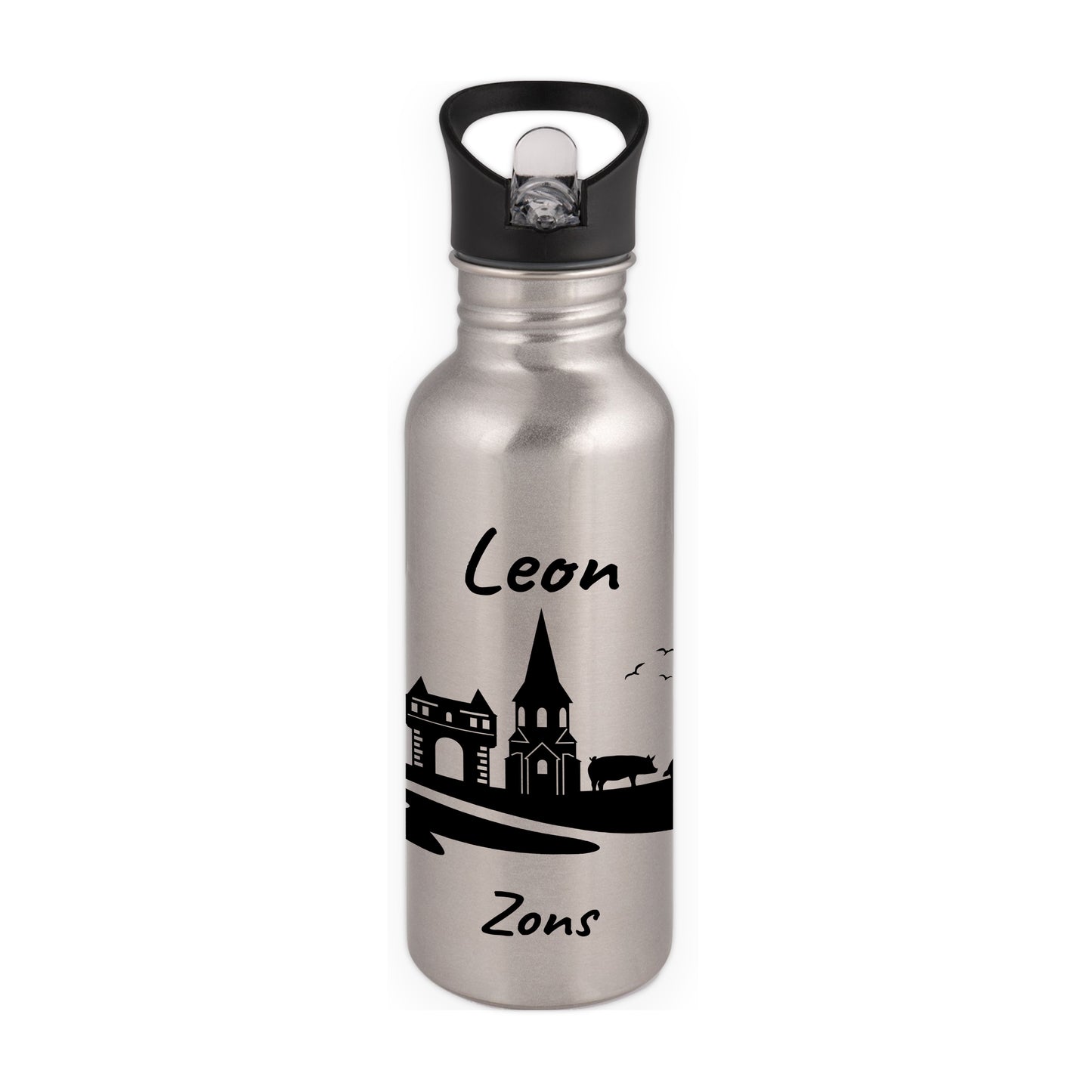 Trinkflasche in Silber 600ml aus Edelstahl bedruckt mit der Skyline von Zons (Dormagen) personalisierbar mit Wunschname