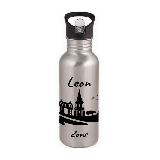 Trinkflasche in Silber 600ml aus Edelstahl bedruckt mit der Skyline von Zons (Dormagen) personalisierbar mit Wunschname