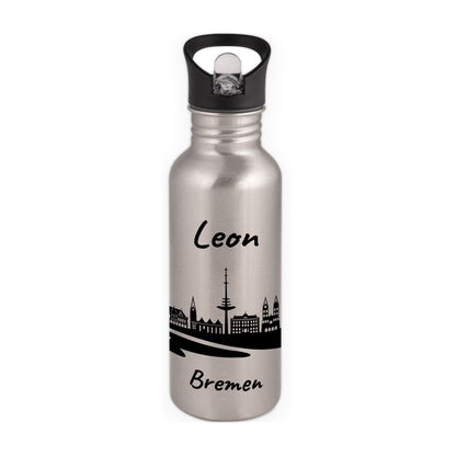 Trinkflasche in Silber 600ml aus Edelstahl bedruckt mit der Skyline von Bremen personalisierbar mit Wunschname