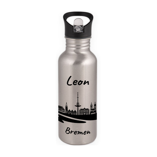 Trinkflasche in Silber 600ml aus Edelstahl bedruckt mit der Skyline von Bremen personalisierbar mit Wunschname