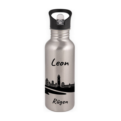 Trinkflasche in Silber 600ml aus Edelstahl bedruckt mit der Skyline von Rügen personalisierbar mit Wunschname