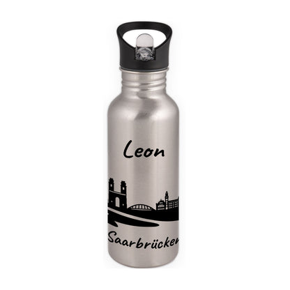 Trinkflasche in Silber 600ml aus Edelstahl bedruckt mit der Skyline von Saarbrücken personalisierbar mit Wunschname