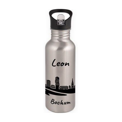 Trinkflasche in Silber 600ml aus Edelstahl bedruckt mit der Skyline von Bochum personalisierbar mit Wunschname