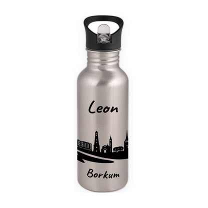 Trinkflasche in Silber 600ml aus Edelstahl bedruckt mit der Skyline von Borkum personalisierbar mit Wunschname