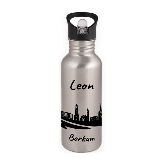 Trinkflasche in Silber 600ml aus Edelstahl bedruckt mit der Skyline von Borkum personalisierbar mit Wunschname