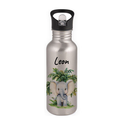 Trinkflasche mit Strohhalm in Silber 600ml bedruckt mit Dschungel Tieren"Elefant" personalisierbar für Kinder mit Wunschname aus Edelstahl