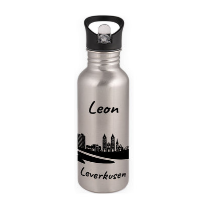 Trinkflasche in Silber 600ml aus Edelstahl bedruckt mit der Skyline von Leverkusen personalisierbar mit Wunschname