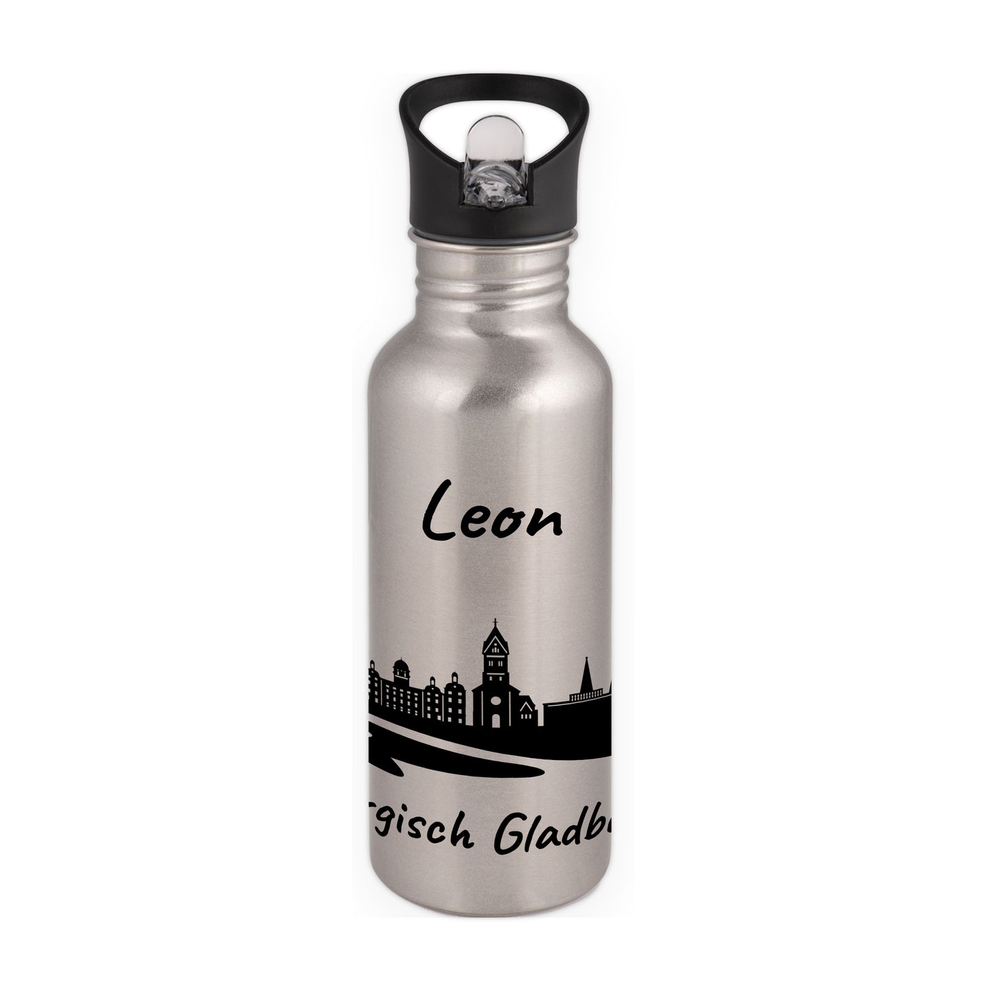 Trinkflasche in Silber 600ml aus Edelstahl bedruckt mit der Skyline von Bergisch Gladbach personalisierbar mit Wunschname