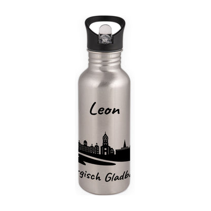 Trinkflasche in Silber 600ml aus Edelstahl bedruckt mit der Skyline von Bergisch Gladbach personalisierbar mit Wunschname