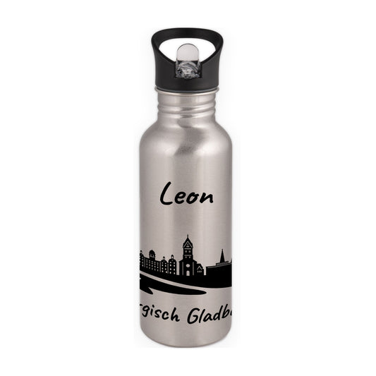 Trinkflasche in Silber 600ml aus Edelstahl bedruckt mit der Skyline von Bergisch Gladbach personalisierbar mit Wunschname