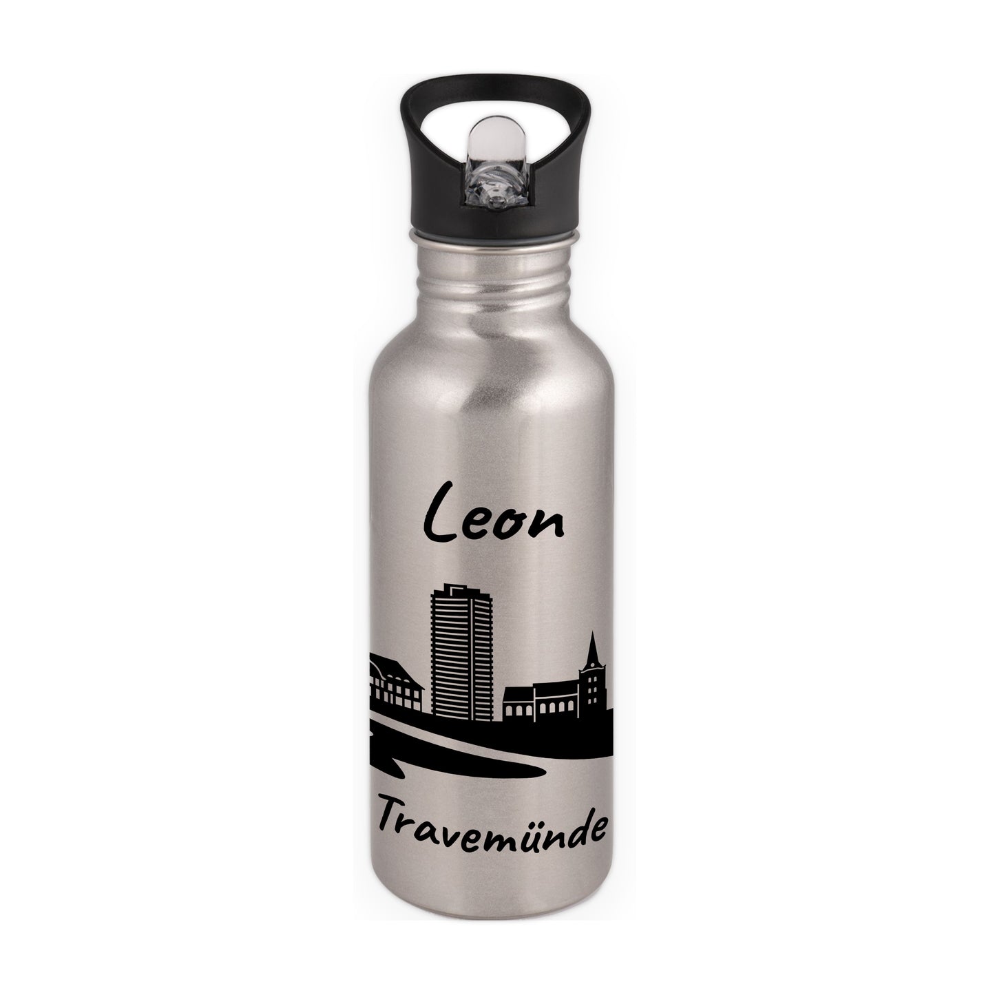 Trinkflasche in Silber 600ml aus Edelstahl bedruckt mit der Skyline von Travemünde personalisierbar mit Wunschname