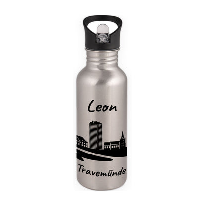 Trinkflasche in Silber 600ml aus Edelstahl bedruckt mit der Skyline von Travemünde personalisierbar mit Wunschname