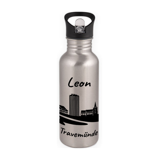 Trinkflasche in Silber 600ml aus Edelstahl bedruckt mit der Skyline von Travemünde personalisierbar mit Wunschname