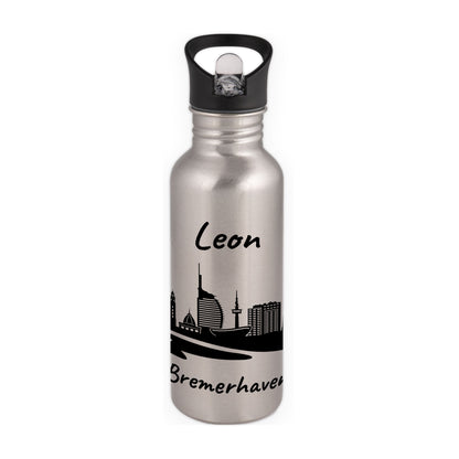 Trinkflasche in Silber 600ml aus Edelstahl bedruckt mit der Skyline von Bremerhaven personalisierbar mit Wunschname