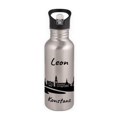 Trinkflasche in Silber 600ml aus Edelstahl bedruckt mit der Skyline von Konstanz personalisierbar mit Wunschname