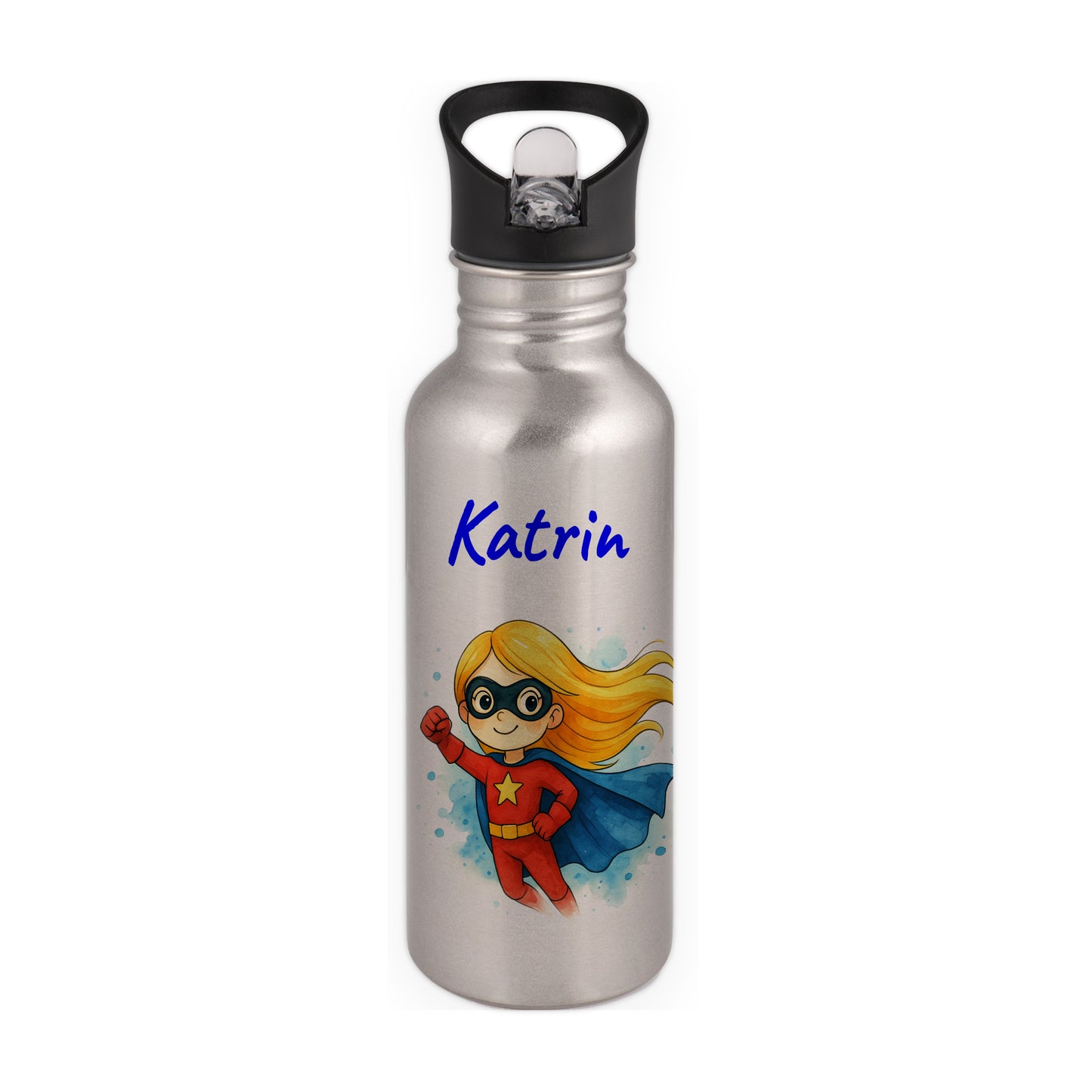 Trinkflasche mit Strohhalm in Silber 600ml bedruckt mit tollen Motiven für Kinder "Superheldin" personalisierbar für Kinder mit Wunschname aus Edelstahl