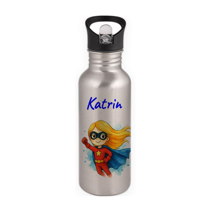 Trinkflasche mit Strohhalm in Silber 600ml bedruckt mit tollen Motiven für Kinder "Superheldin" personalisierbar für Kinder mit Wunschname aus Edelstahl