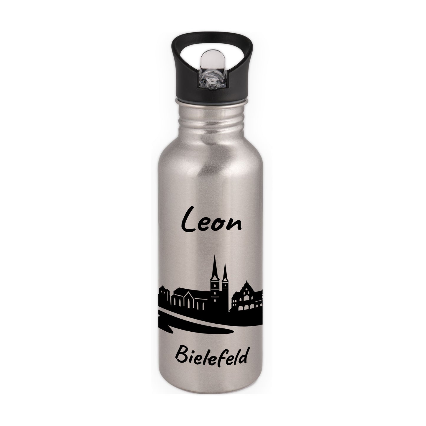 Trinkflasche in Silber 600ml aus Edelstahl bedruckt mit der Skyline von Bielefeld personalisierbar mit Wunschname