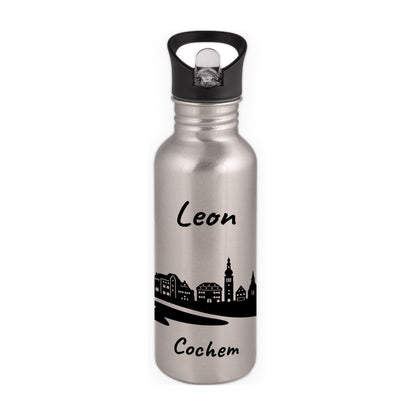 Trinkflasche in Silber 600ml aus Edelstahl bedruckt mit der Skyline von Cochem personalisierbar mit Wunschname