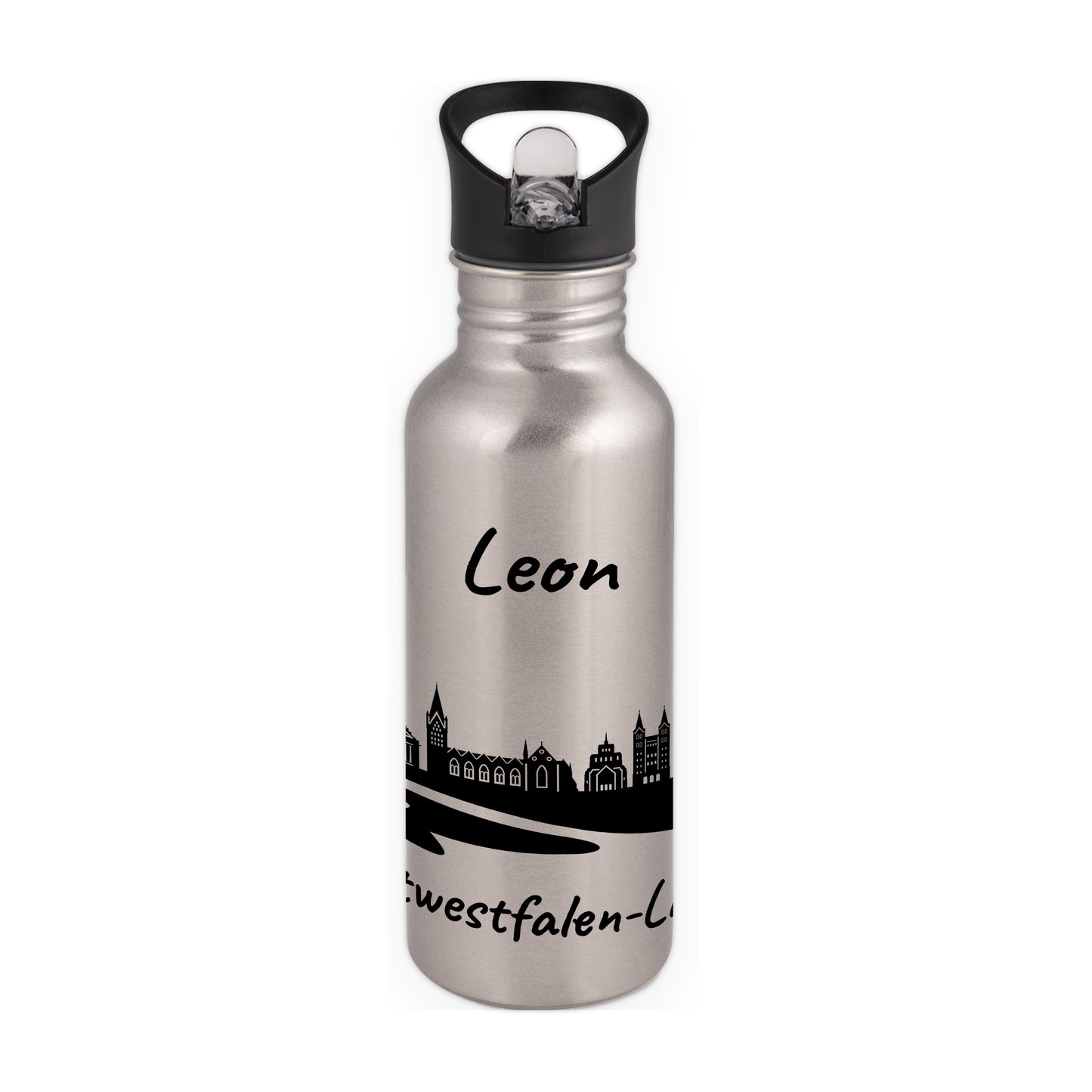 Trinkflasche in Silber 600ml aus Edelstahl bedruckt mit der Skyline von Ostwestfalen-Lippe personalisierbar mit Wunschname