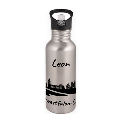 Trinkflasche in Silber 600ml aus Edelstahl bedruckt mit der Skyline von Ostwestfalen-Lippe personalisierbar mit Wunschname