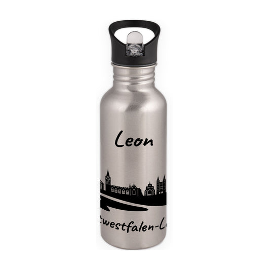 Trinkflasche in Silber 600ml aus Edelstahl bedruckt mit der Skyline von Ostwestfalen-Lippe personalisierbar mit Wunschname
