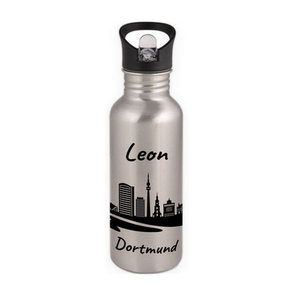 Trinkflasche in Silber 600ml aus Edelstahl bedruckt mit der Skyline von Dortmund personalisierbar mit Wunschname