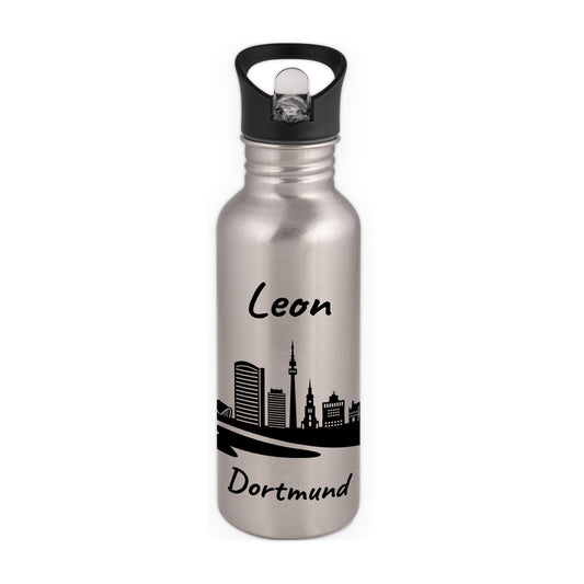 Trinkflasche in Silber 600ml aus Edelstahl bedruckt mit der Skyline von Dortmund personalisierbar mit Wunschname
